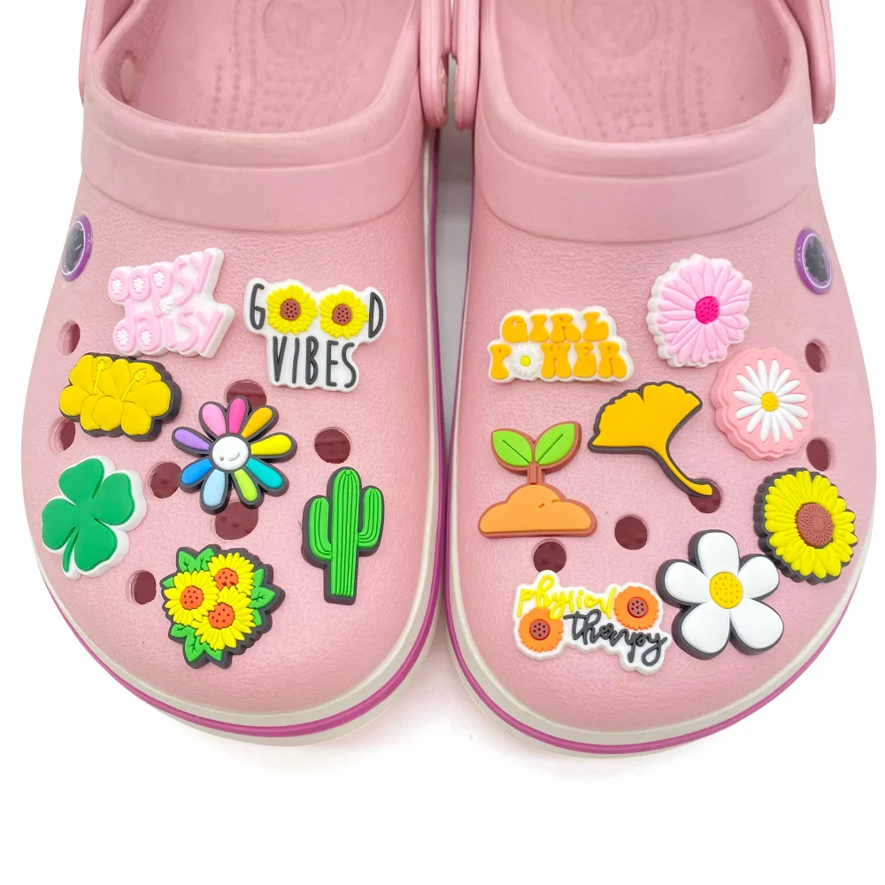 15pcs Plant Beautiful Flower Series Shoe Charms For Slides Sandals, PVC Shoe Decorations Accessories For Friend Party Gifts