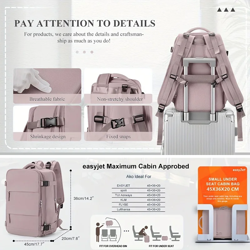 男性用および女性用のトラベルバックパック、航空会社承認済みのラップトップバックパック、15.6インチに適しています、防水パーソナルウエストバッグ、