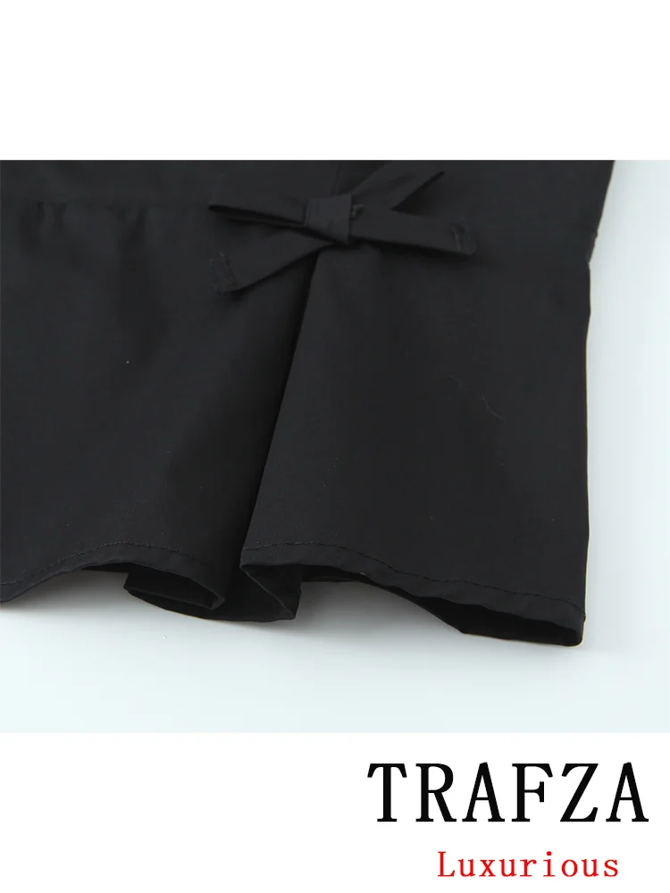 TRAFZA Sexy Chic Solid Black Women Bow Suit Cami Pleat Short Top Zipper Mini Pantskirt New Fashion 2024 Autumn Holiday Suit