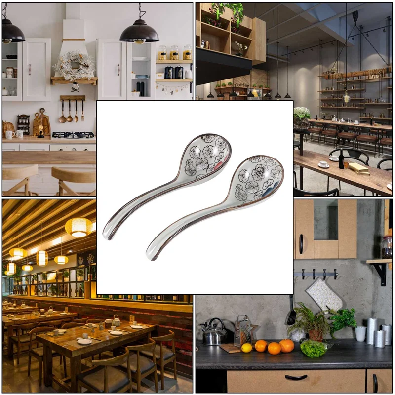 ABWR-4 قطع ملاعق أرز صينية كلاسيكية آسيوية مقبض منحني ملعقة شوربة رامين ملاعق زهور مطلية بمقبض طويل