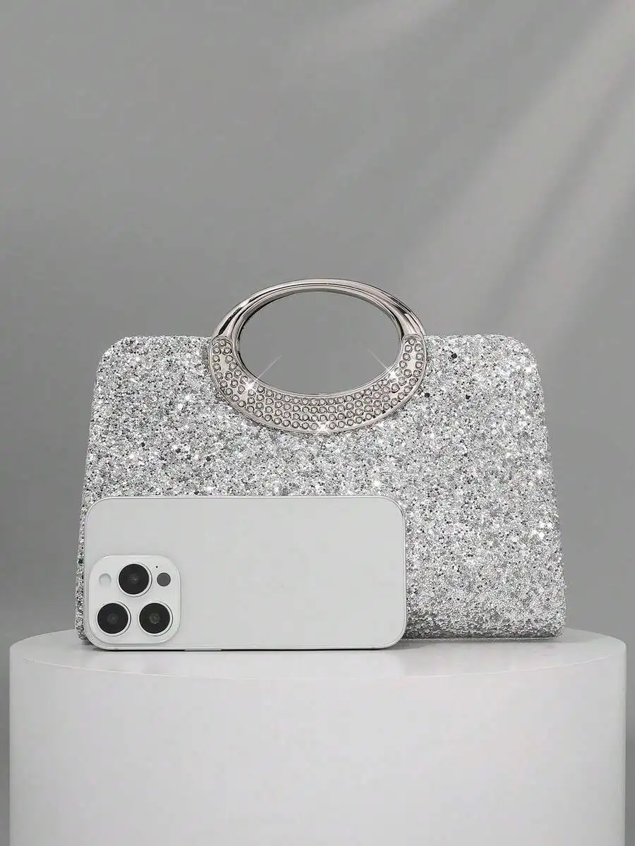 

Elegant Silver Glitter Clutch With Crystal-Embellished Handle For Wedding, Prom, Cocktail And Formal Evening Events