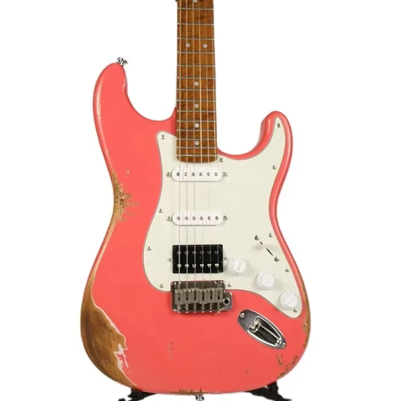 

STLF High Quality Custom Shop ST Shape Red Nitrocellulose 6 String Instrument Relic Vintage Aged Electric Guitar