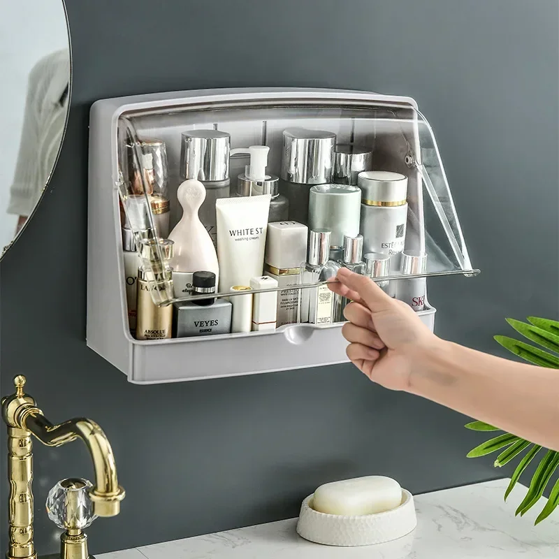 

Free Punching Cosmetic Storage Box Makeup Organizer Bathroom Accessories Kitchen Racks Lid Transparent Space-saving Paste