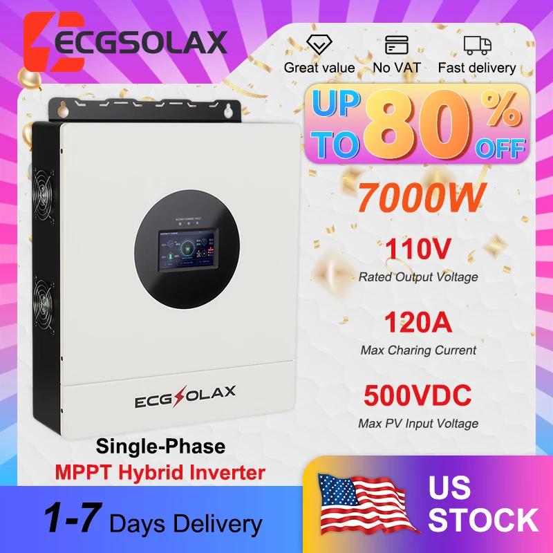 

Гибридный солнечный инвертор ECGSOLAX 7000W, однофазный, 110В, 48В/110В, максимальное входное напряжение от солнечных панелей: 500В DC