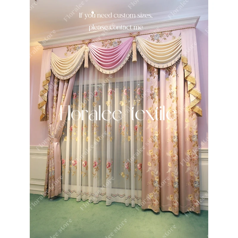 

European Style Large Flower Jacquard Curtains for Living Room Luxury Pink Princess Blackout Curtains for Bedroom Customized