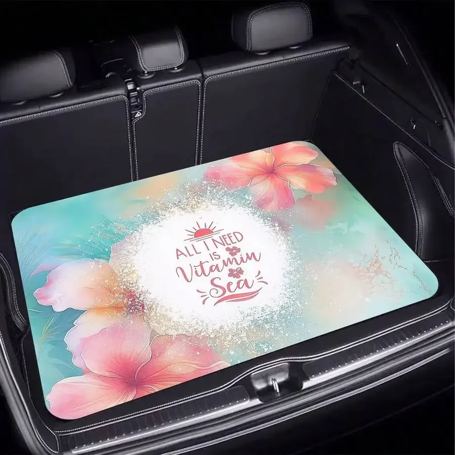 1 Piece, Summer Seaside Vacation-Style Car Trunk Mat, Floral And Sunny Print Pattern, Essential Travel Item, Universal Fit For