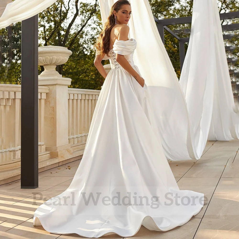 Pleat Off the Shoulder Wedding Dress Short Sleeve with Pocket Side Slit A-Line Floor Length Classic Satin Open Back Bridal Gowns