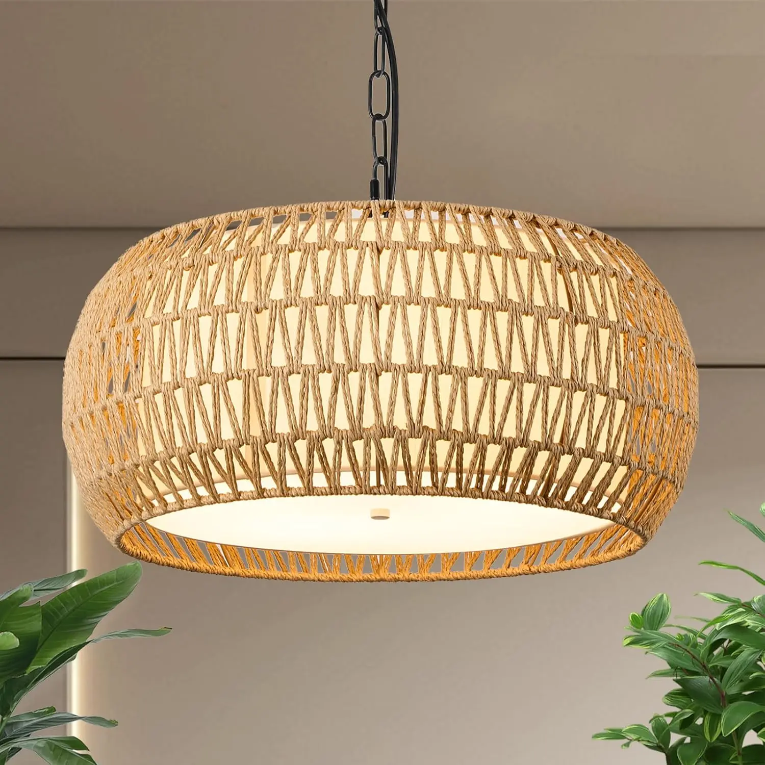 19 Inch Boho Chandeliers For Dining Room 5-Lights Farmhouse Light Fixtures Large Pendant Light Hand Woven Dining Table Light