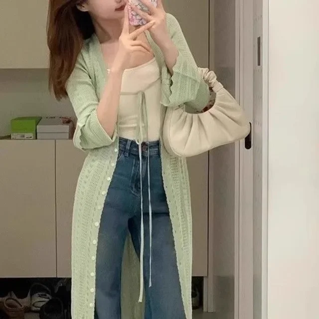 

Korean Long Cardigan Coat V-neck Bandage Flare Sleeve Sueter Mujer Tunic Hollow Out Knit Thin Sweater Women Clothes Pull Femme