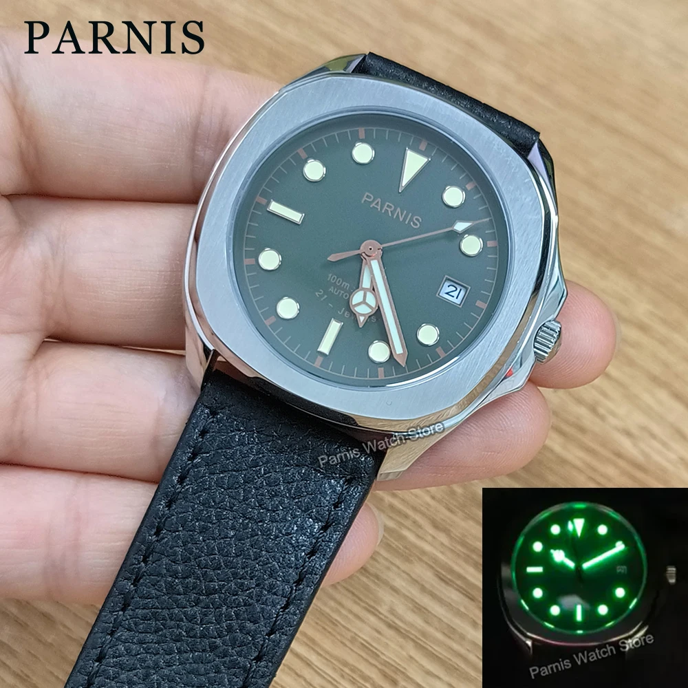 

Parnis 39mm Mens Wristwatch Stainless Steel Miyota8215 Mechanical Automatic Watch Luminous Marks Green Dial with Leather Strap