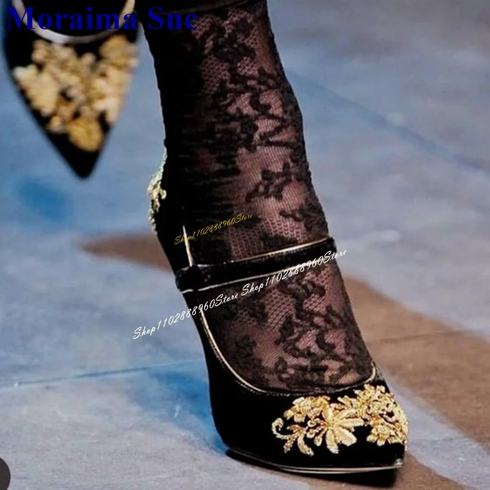 

Runway Black Suede Embroider Pumps Middle Heel Shoes For Women Button Strap Pointed Toe 2024 Fashionable Zapatos Para Mujere