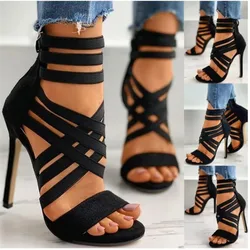 Sexy Peep Toe Elastic Band Cross Women High Heels Sandals Summer New Back Zipper Cover Heeled Gladiator Shoe Pump Black