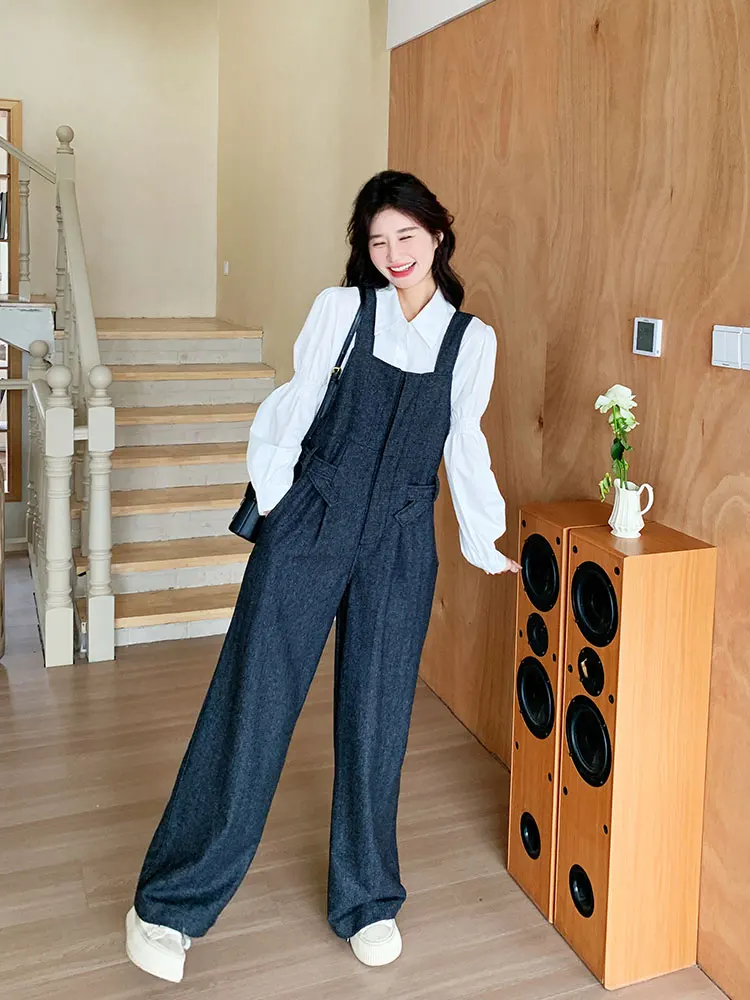 

Женский джинсовый комбинезон Deep Blue в стиле Lazy Style, осенняя коллекция 2026, новинка, корейский ретро-стиль, прямой крой, рабочая одежда, комбинезон с широкими штанинами
