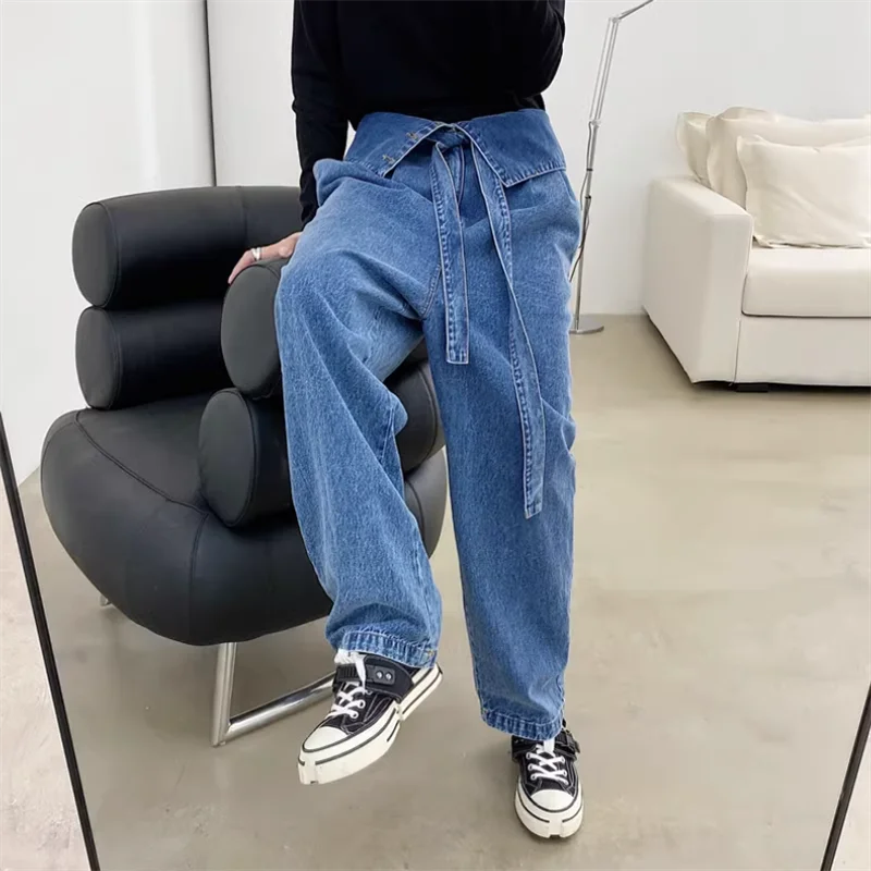 2023 Korean retro high-waisted jeans men\'s personality over waist head design feeling loose and thin straight leg wide-leg pants