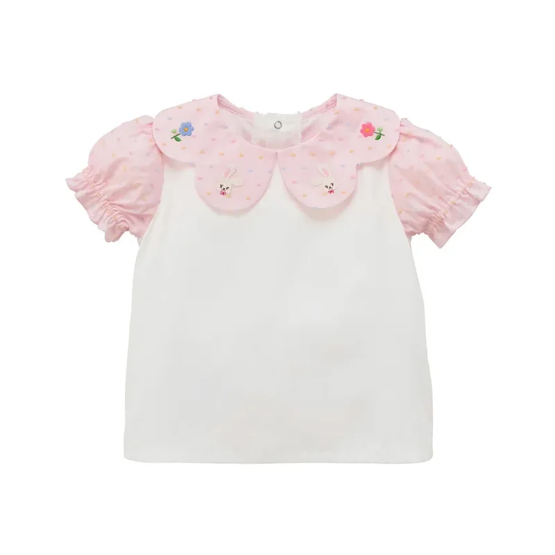 autumn baby girl clothes Lace shaped collar with floral embroidery Pink patchwork top T-shirt kids tops