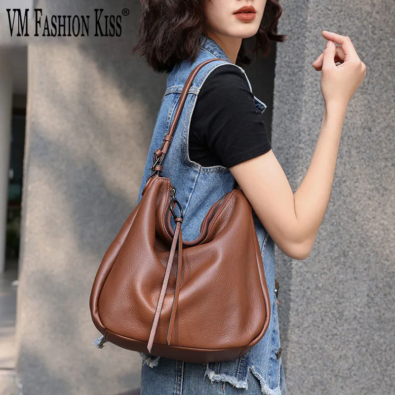 VM FASHION KISS 100% Cowhide Casual Women's Handbag Solid Hobos Shoulder Bag Genuine Leather Soft Messenger Bag High Quality