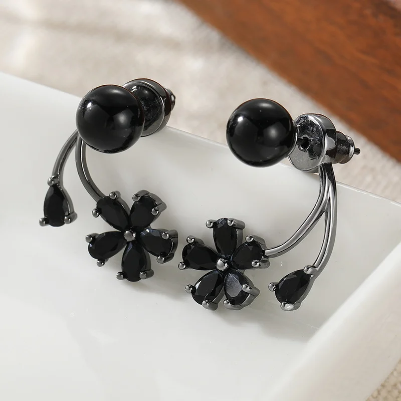 Exquisite Fashion Inlay Black Cubic Zircon Studs Earrings For Women Flower Shape Personality Earrings Low key Cool Style Jewelry