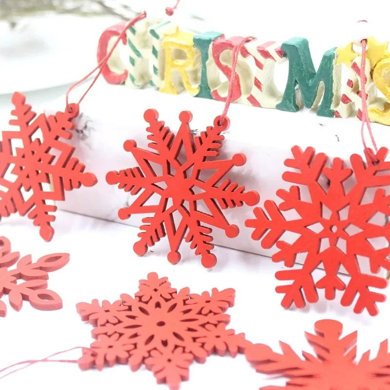 

6PCS/Box Christmas Snowflakes Wooden Pendants Xmas Tree Hanging Ornaments for Noel Tree Decorations Kids DIY Gifts Supplies