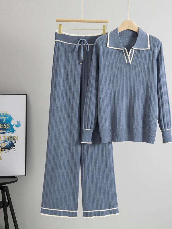 韓国レトロファッションカラーブロックカラーショートスリーブニットトップハイウエストスリムカジュアルワイドレッグパンツツーピースセット