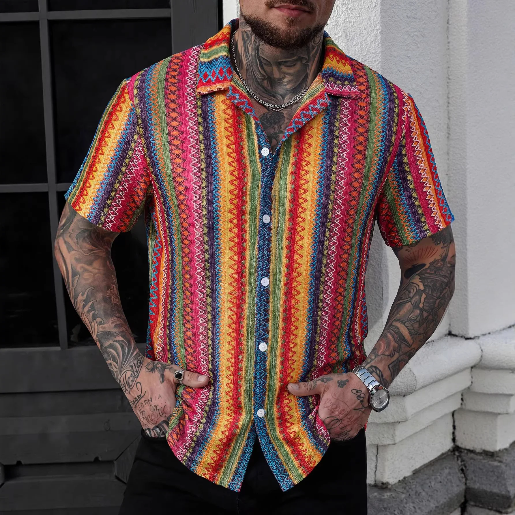 

Summer Fashion Vacation 2026 Casual Lapel Jacquard Short Sleeve Shirt Hawaiian Shirt Men High Quality Luxury Short Sleeves Shirt