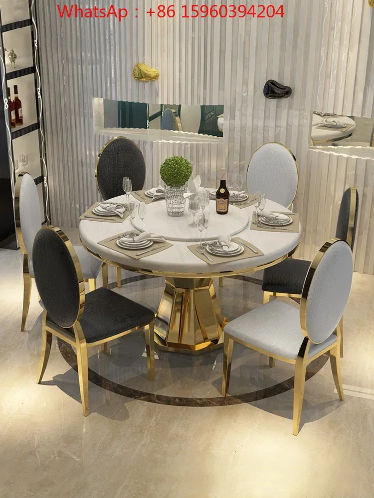 

Комбинация роскошного мраморного обеденного стола и стула. Современный простой круглый стол с поворотным столом для небольшой семьи.