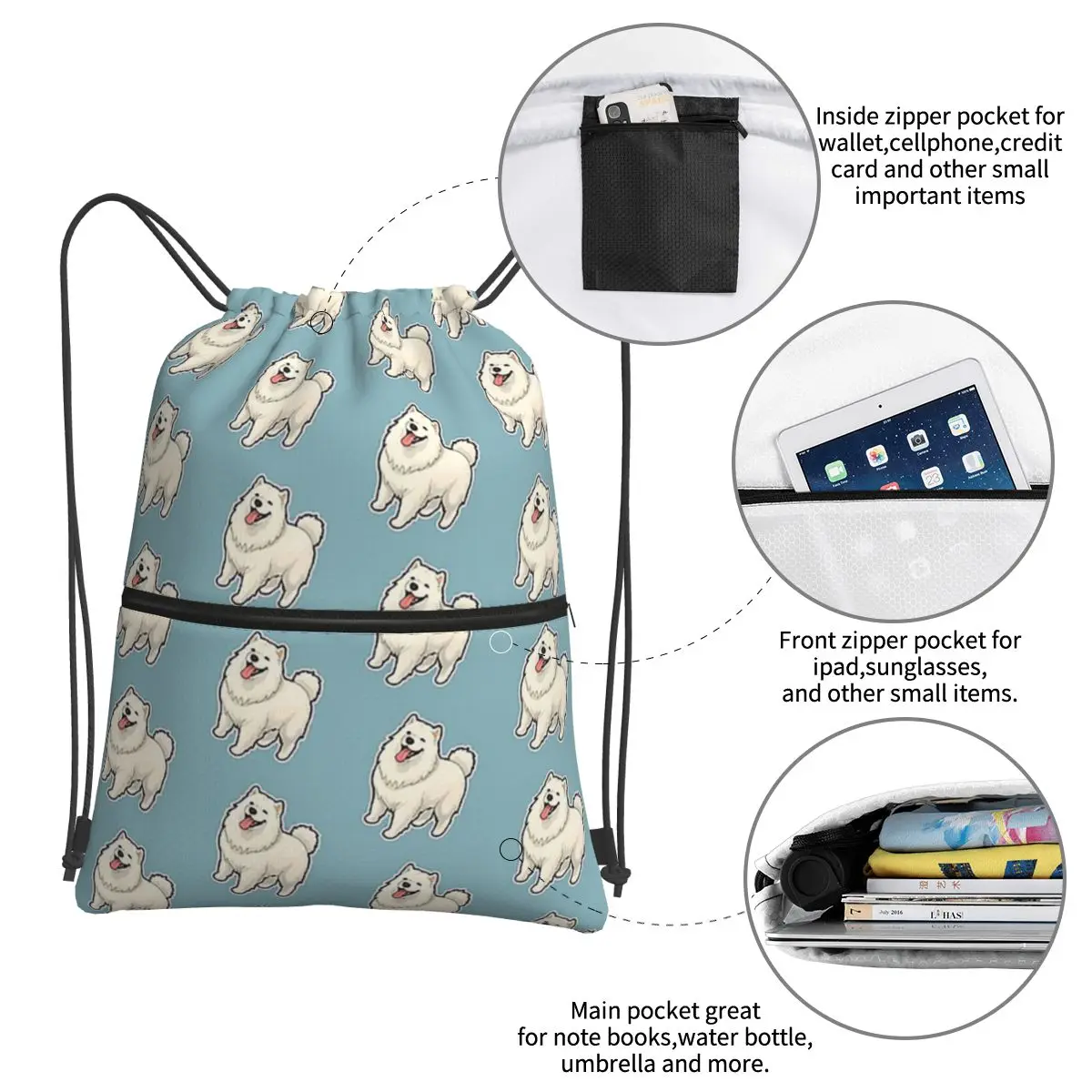 MaleBoy-mochila portátil con diseño samoyedo para amantes de los perros, bolsa con cordón, paquete de bolsillo para libros para estudiantes escolares