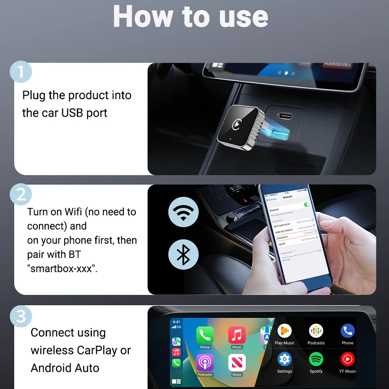 New 2in1 Mini Wireless CarPlay and Android Auto Adapter 5GHz WiFi, Type-C/USB Plug and Play Smart Box for Car Accessories Dongle