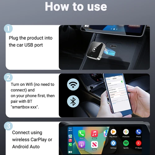 Imagen 2 del producto NUEVO Adaptador CarPlay 2 en 1 con Cable a Inalámbrico, Dongle Android Auto, Accesorio para Auto de Alta Calidad, Caja Inteligente con WiFi de 5GHz, Tipo-C/USB