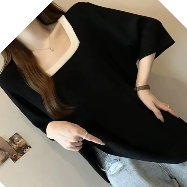 Plus-size Women's Spring And Summer New Color-blocking Loose Casual Versatile Square-neck Mid-length Short-sleeve T-shirt