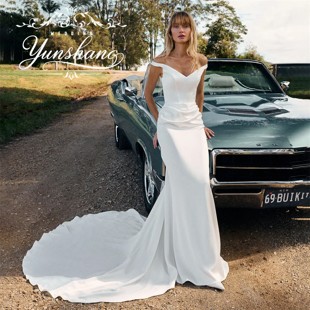 

YunShang Customized V-Neck Mermaid Wedding Dress Off Shoudler Ruched Sweep Train Simple Morden Sleeveless Floor Length Backless