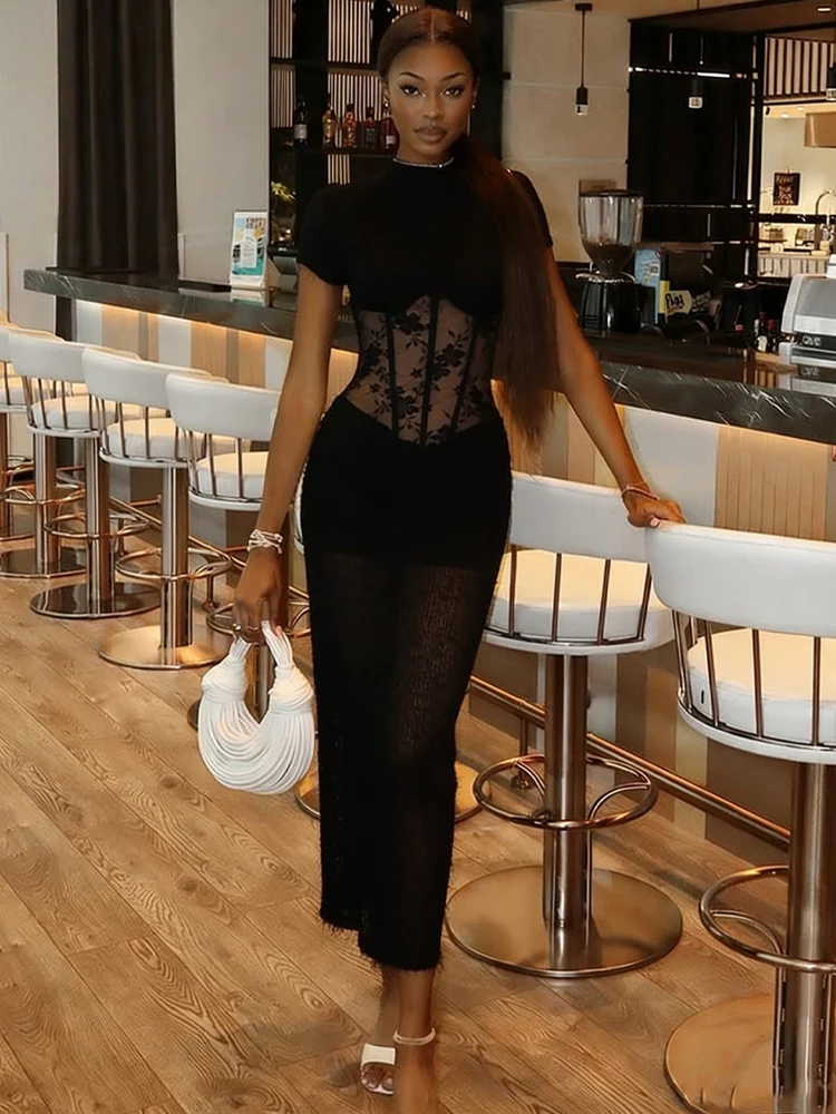 

Weird Puss See Through Dress Women Back Hollow Knit Tassel Jacquard Patchwork Button Sexy Peach Hip Elegant Stretch Slim Bodycon