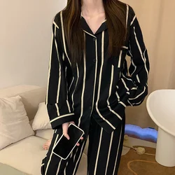 Light Luxury Ice Silk Pajamas Women's Pajama Spring Autumn Black Vertical Stripes Style Long Sleeve Home Nightwear Set