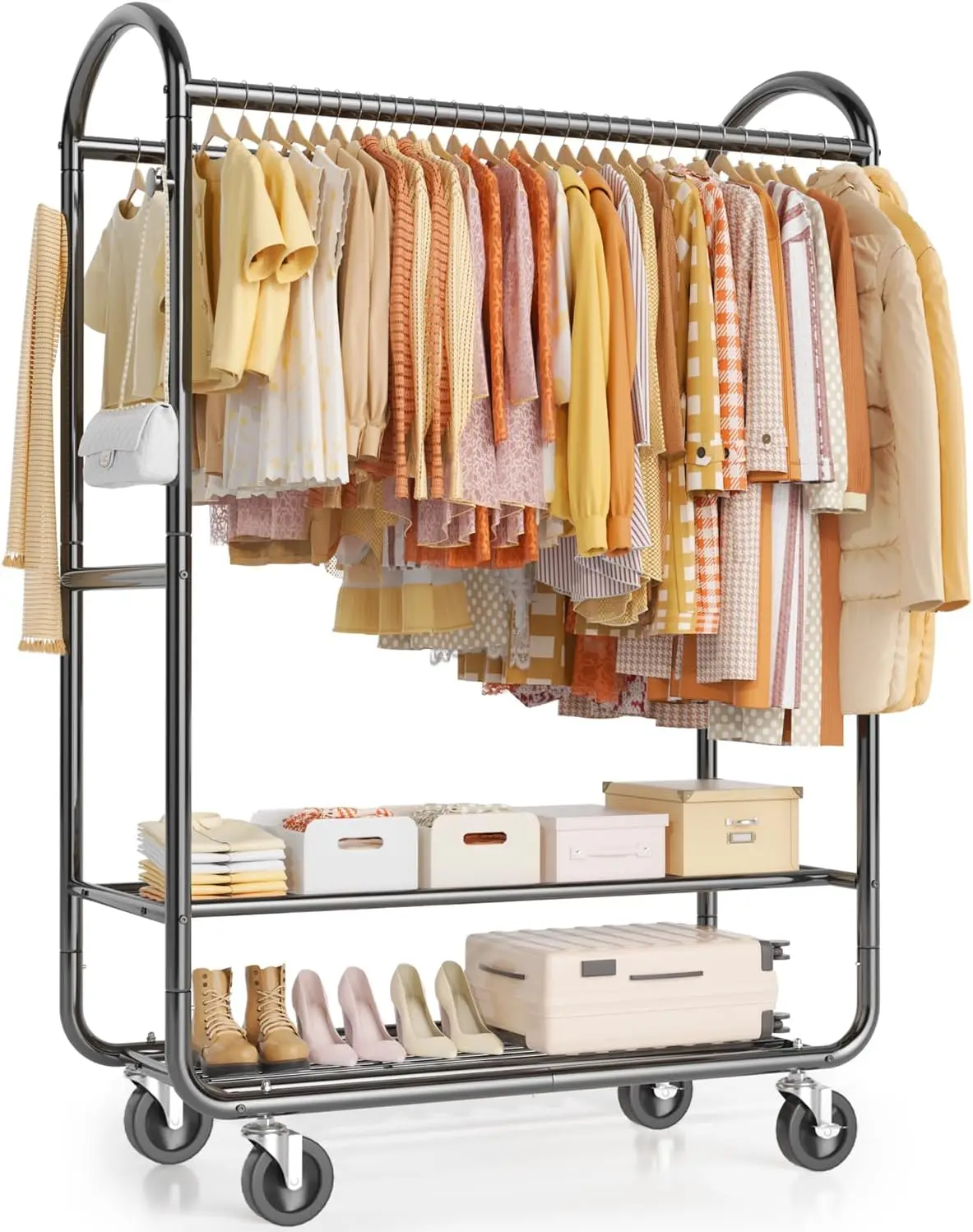 Heavy Duty Rolling Clothes Rack 720Lbs Double Rod with Shelves Lockable Wheels Black