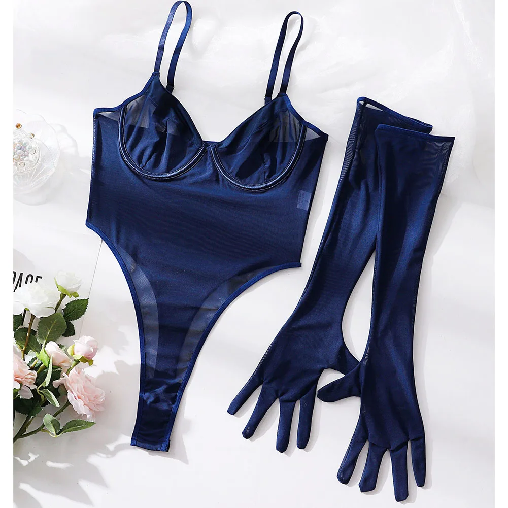 Women Ultra Thin Mesh Perspective Bodysuit Suspender Backless High Slit Jumpsuit Gloves Lingerie Suit Erotic Nightwear Clubwear