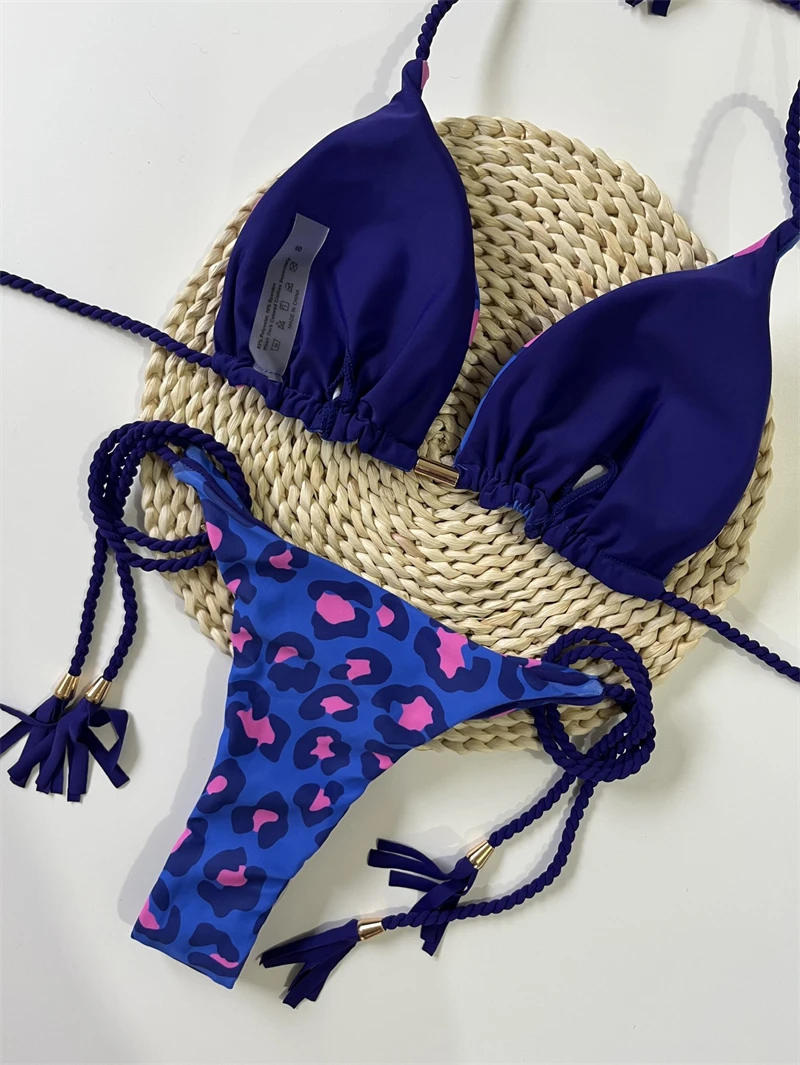 Bikini con estampado de cuerda tejida para mujer, traje de baño Sexy, brasileño, para playa y vacaciones, 2 colores