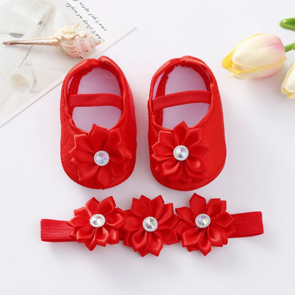 Baby Girls Cotton Shoes Spring Toddler Cute Pearl Flower Princess Shoes First Walkers With Headband Infant Soft Bottom Prewalker