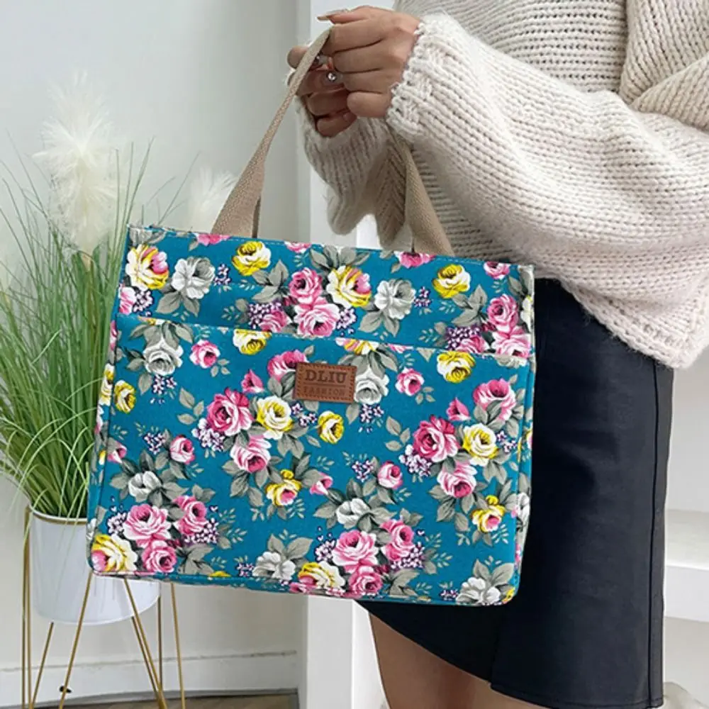 

Daily Use Portable Floral Print Tote Bag Zipper Large Capacity Canvas Lunch Bag Fabric Ethnic Style Casual Handbag Women
