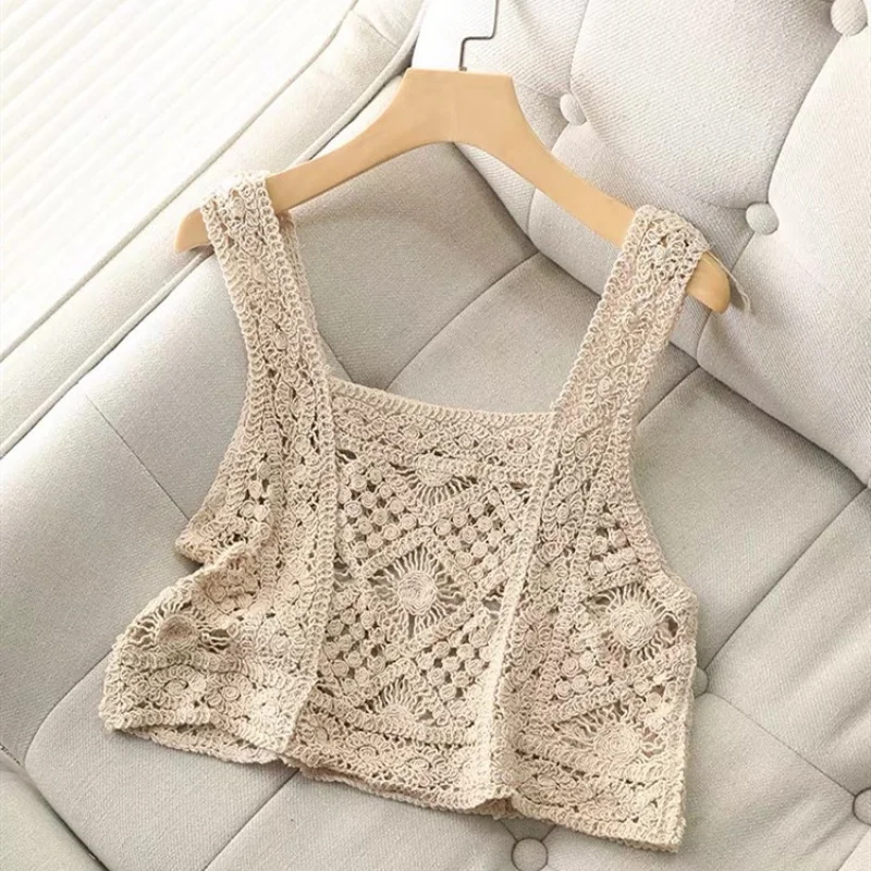 Crocheted Vest Hollow Knitted Vest Women's Early Autumn New Hong Kong Style Small Sling Student Outer Wear Short Top Fashion