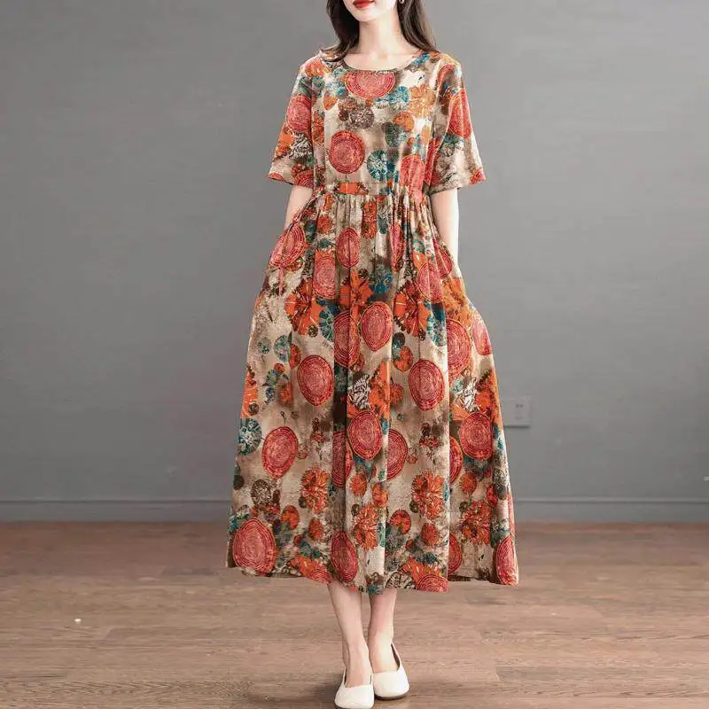 Retro Round Neck A-Line Flared Midi Dress for Women Summer Crisp Fabric Floral Print Loose Fit Short Sleeve Dresses