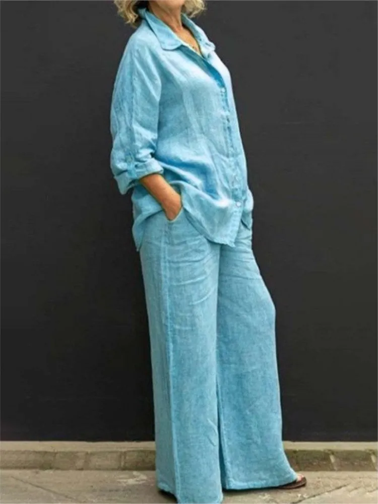 Women Cotton Linen Loose Suits Elegant Solid Long Sleeve Shirt Wide Leg Trousers Two Piece Set Female Casual Straight Pants Suit