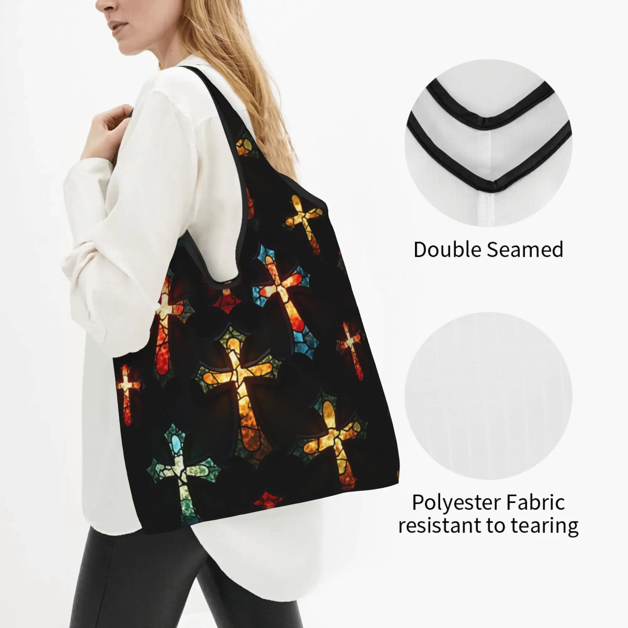 Custom Christian Faith Jesus  Christ Religion  Shopping Bag Women  Grocery Radiant Stained Glass Crosses  Tote Shopper Bags