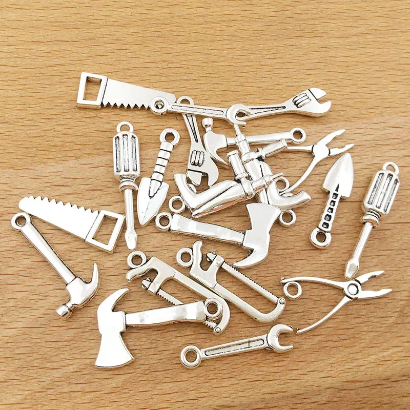 10pcs/lot Zinc Alloy Antique Silver Tool Shape Charms Hammer Pliers Axe Pendant for DIY Necklace Bracelets Jewelry Making