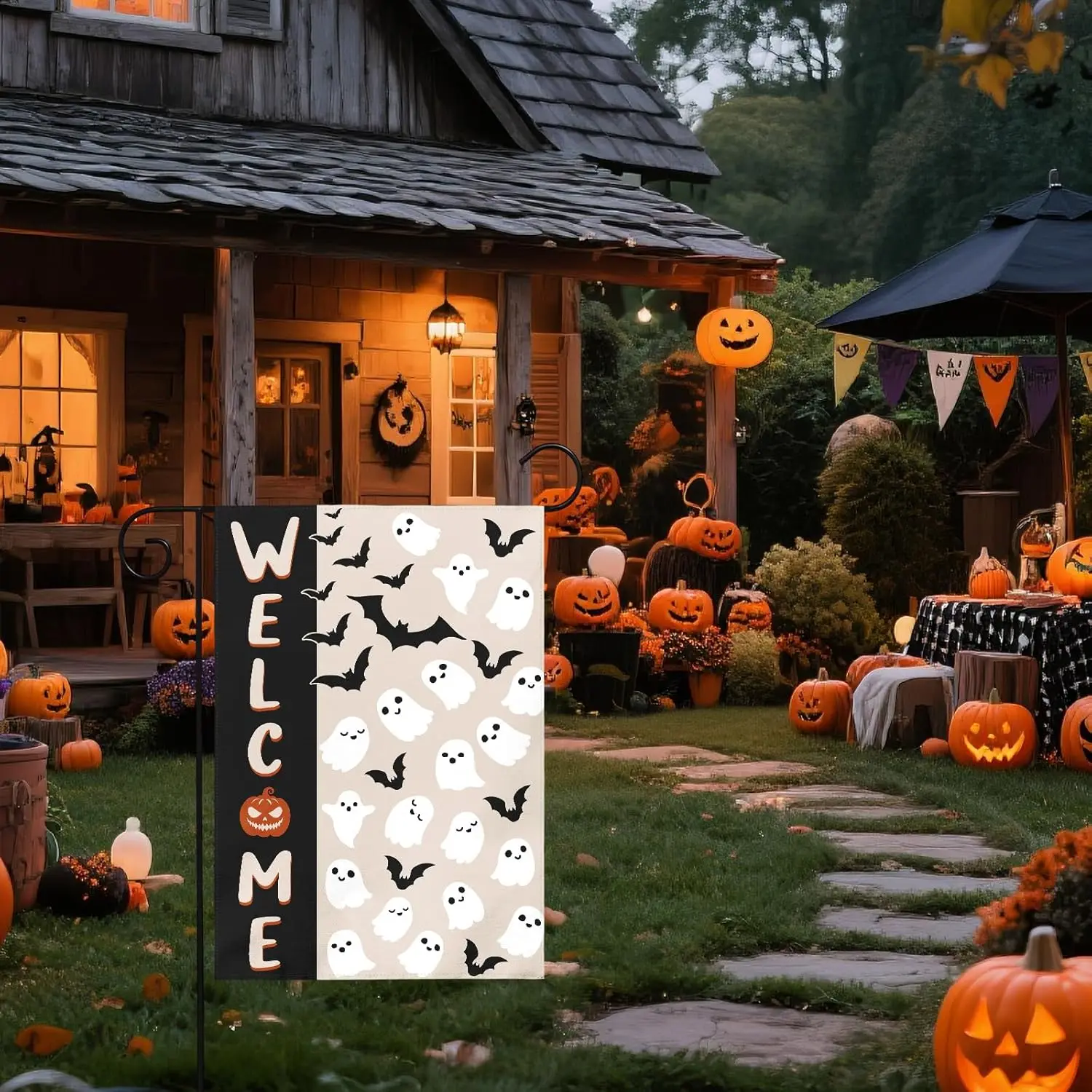 Halloween Welcome Garden Flag 12x18 Inch Cute Ghost Bat Black Cream Holiday Theme Scary Halloween Decorative Yard Flags for jjp