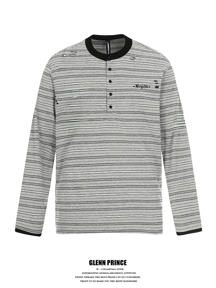 

Slim Fit Men's Long Sve T-irt with Hole And Stripes Henry Collar Spring Faionable Versatile Overhead irt by GPstudio