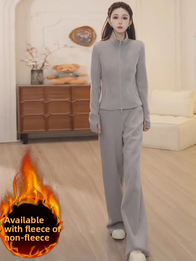 Elegant plus Size Women's Winter Sportswear Set Fleece Lined Open Cardigan Long Sleeve High Waist Wide Leg Pants Two Piece Set