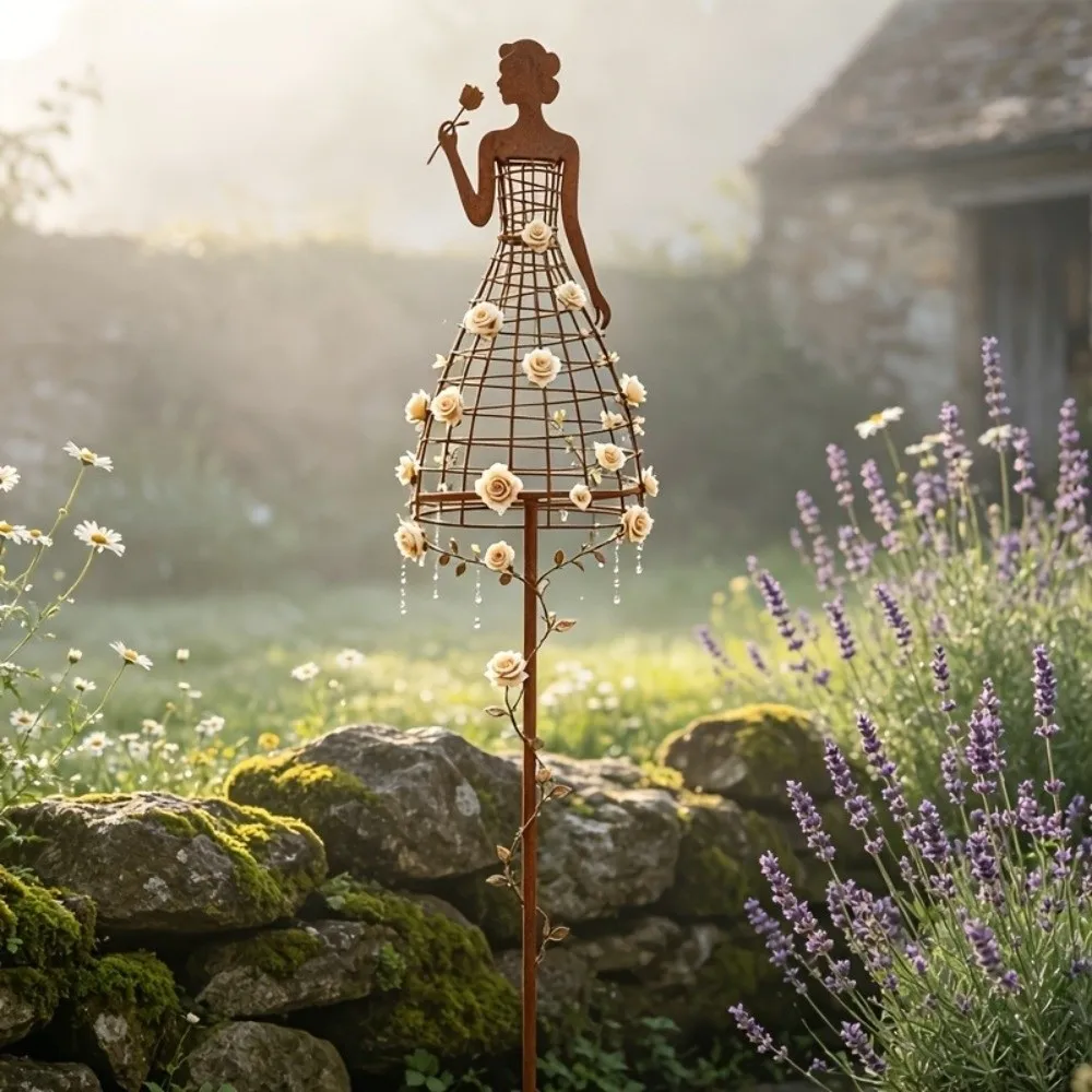 Rustic Metal Dress Lady Shape Plant Trellis Iron Art Weather Resistant Rose Climbing Bracket Rusted Finish Strong Load Bearing