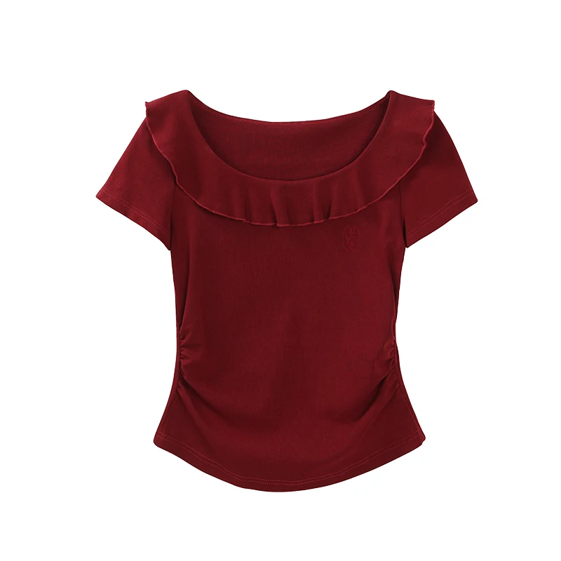 ALXNAN Women's Vintage Red T-shirt 2025 Summer Short Sleeve Cotton T-shirt Elegant Ruffle Collar Slim-fit Tops Ladies L551108