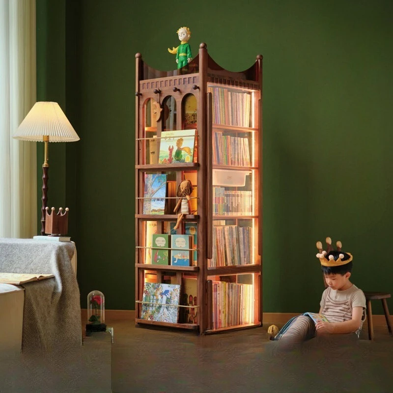 Rotating bookshelf, figure display, dental cabinet, medieval 360-degree children's solid wood bookcase