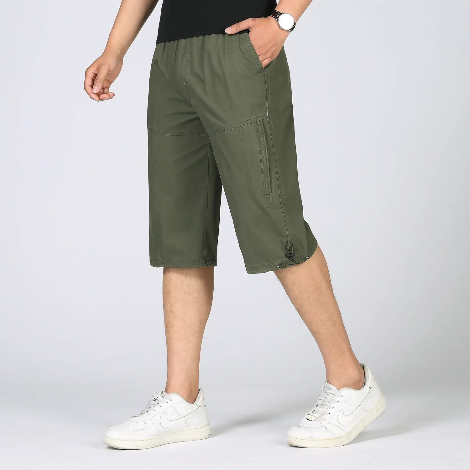 Summer Men\'s Baggy Multi Pocket Military Zipper Cargo Short Hot Breeches Long Army Green Khaki Bermuda Male Capris Plus Big Size