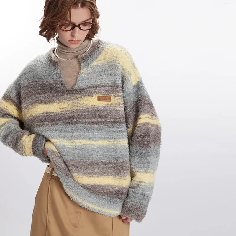 Col en v dégradé conception rayé chandails ample casual automne hiver tricoté pulls coréen à manches longues mode femmes tricots